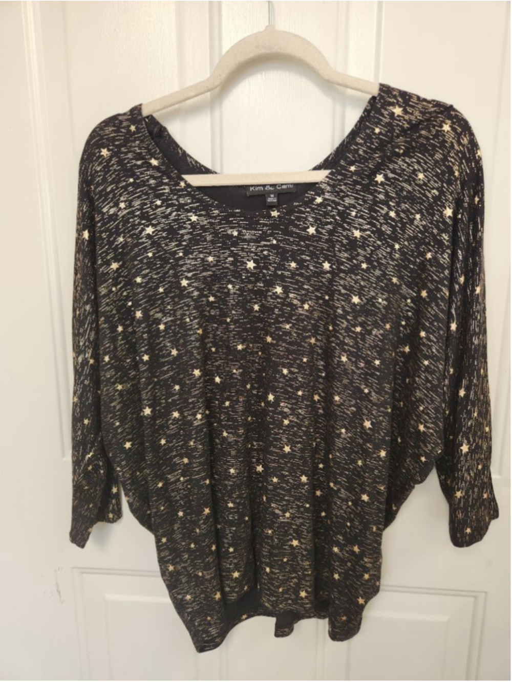 Kim & Cami Black & Gold Star Print Dolman Top Size Medium